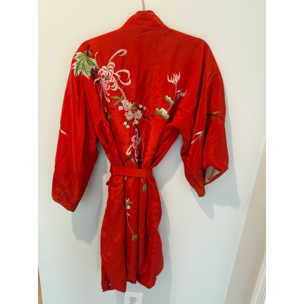 Vintage 50s 60s Best Japanese Red Embroidered Silk Kimono Robe One Size